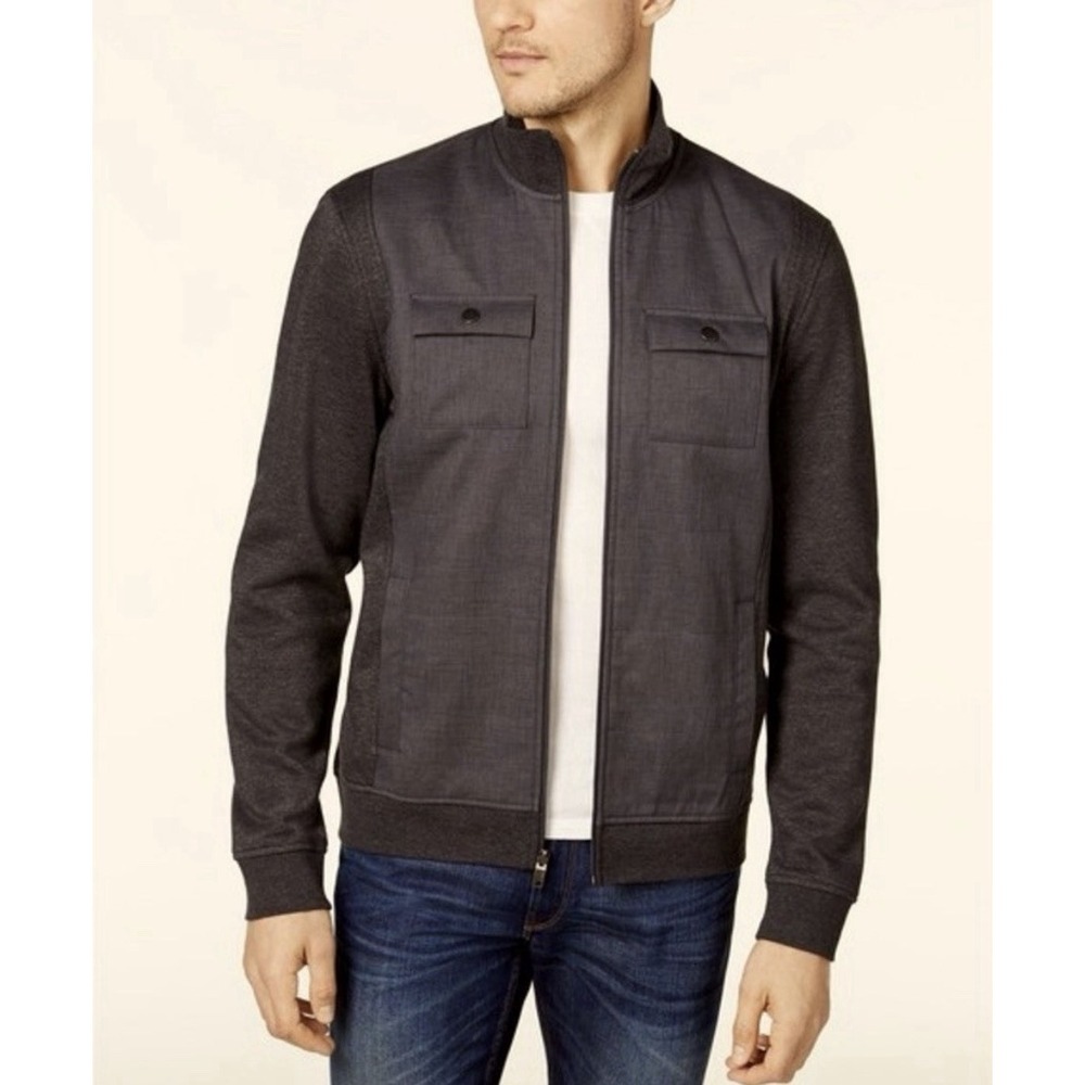 Mens Alfani Zip Casual Jacket Charcoal Gray Sweatshirt Coat Preppy Medium